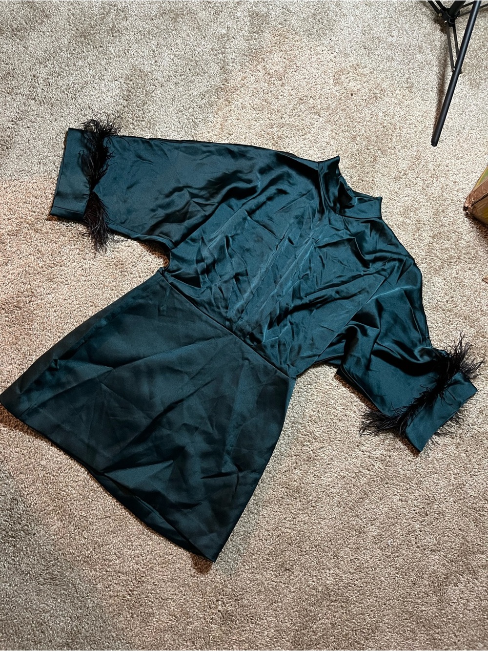 Zara Satin Mini Dress in Deep Teal with Feather Trim - Picture 11 of 12